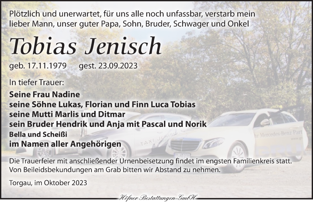  Traueranzeige für Tobias Jenisch vom 07.10.2023 aus Torgauer Zeitung