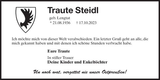 Traueranzeige von Traute Steidl von Märkischen Allgemeine Zeitung