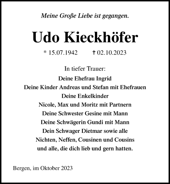 Traueranzeige von Udo Kieckhöfer von Ostsee-Zeitung GmbH