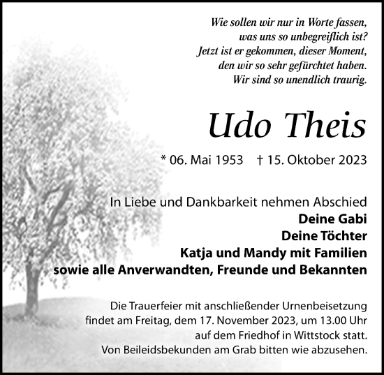 Traueranzeige von Udo Theis von Märkischen Allgemeine Zeitung