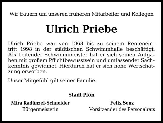 Traueranzeige von Ulrich Priebe von Kieler Nachrichten
