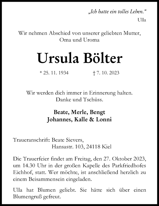 Traueranzeige von Ursula Bölter von Kieler Nachrichten