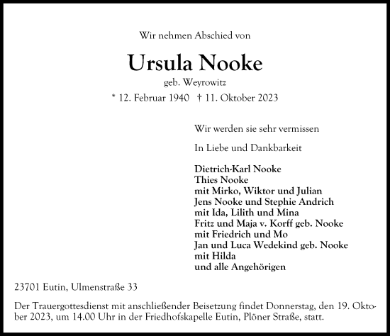 Traueranzeige von Ursula Nooke von Lübecker Nachrichten