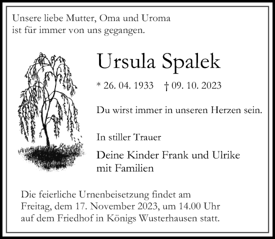 Traueranzeige von Ursula Spalek von Märkischen Allgemeine Zeitung