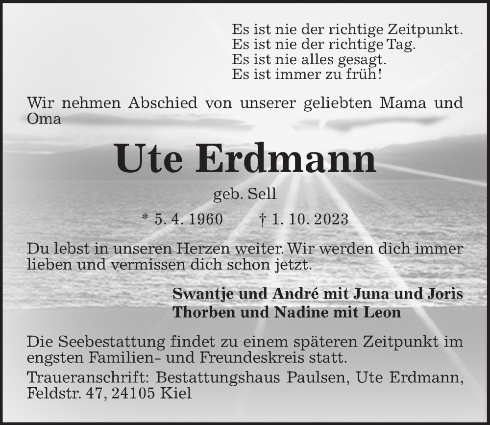  Traueranzeige für Ute Erdmann vom 14.10.2023 aus Kieler Nachrichten