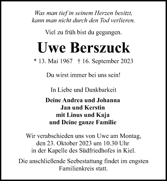 Traueranzeige von Uwe Berszuck von Kieler Nachrichten