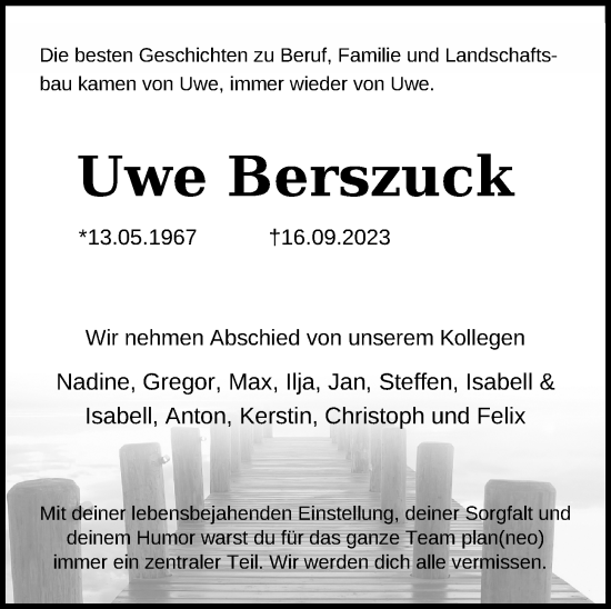 Traueranzeige von Uwe Berszuck von Kieler Nachrichten