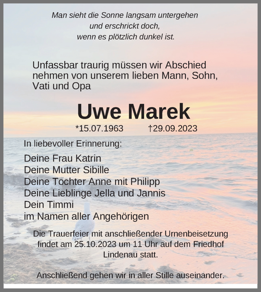  Traueranzeige für Uwe Marek vom 14.10.2023 aus Leipziger Volkszeitung