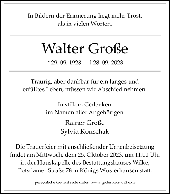 Traueranzeige von Walter Große von Märkischen Allgemeine Zeitung