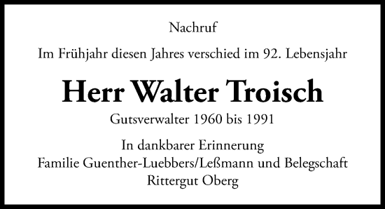 Traueranzeige von Walter Troisch von Peiner Allgemeine Zeitung