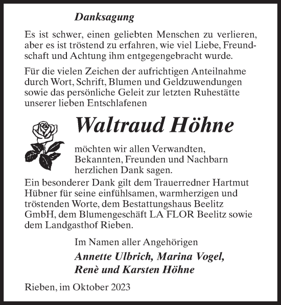Traueranzeige von Waltraud Höhne von Märkischen Allgemeine Zeitung