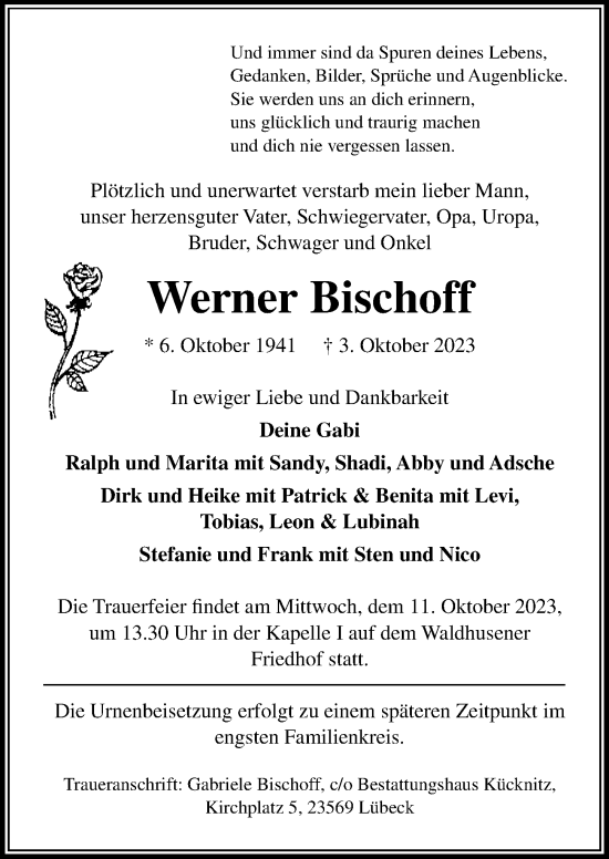 Traueranzeige von Werner Bischoff von Lübecker Nachrichten