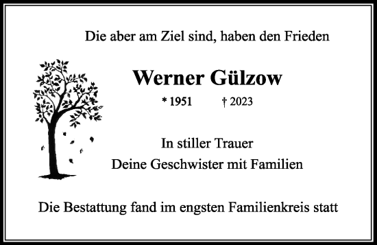 Traueranzeige von Werner Gülzow von Kieler Nachrichten