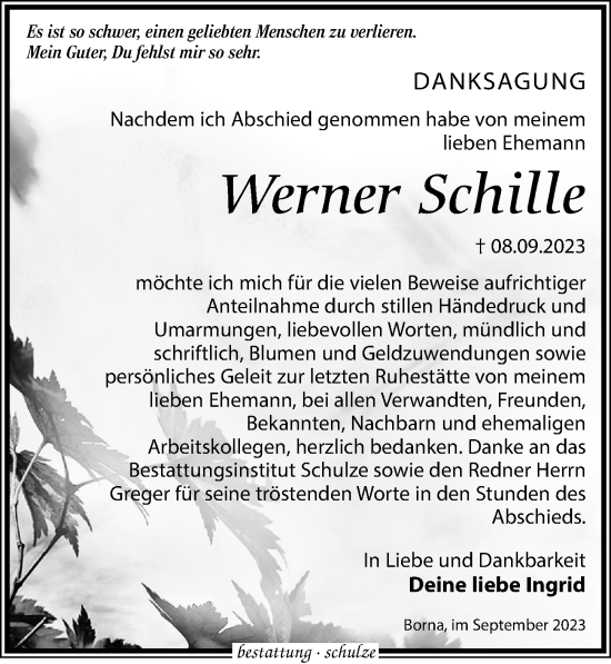 Traueranzeige von Werner Schille von Leipziger Volkszeitung