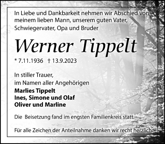 Traueranzeige von Werner Tippelt von Märkischen Allgemeine Zeitung