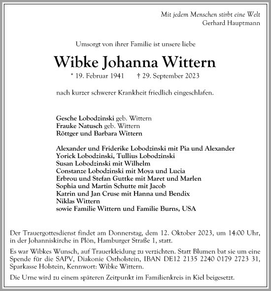 Traueranzeige von Wibke Johanna Wittern von Kieler Nachrichten