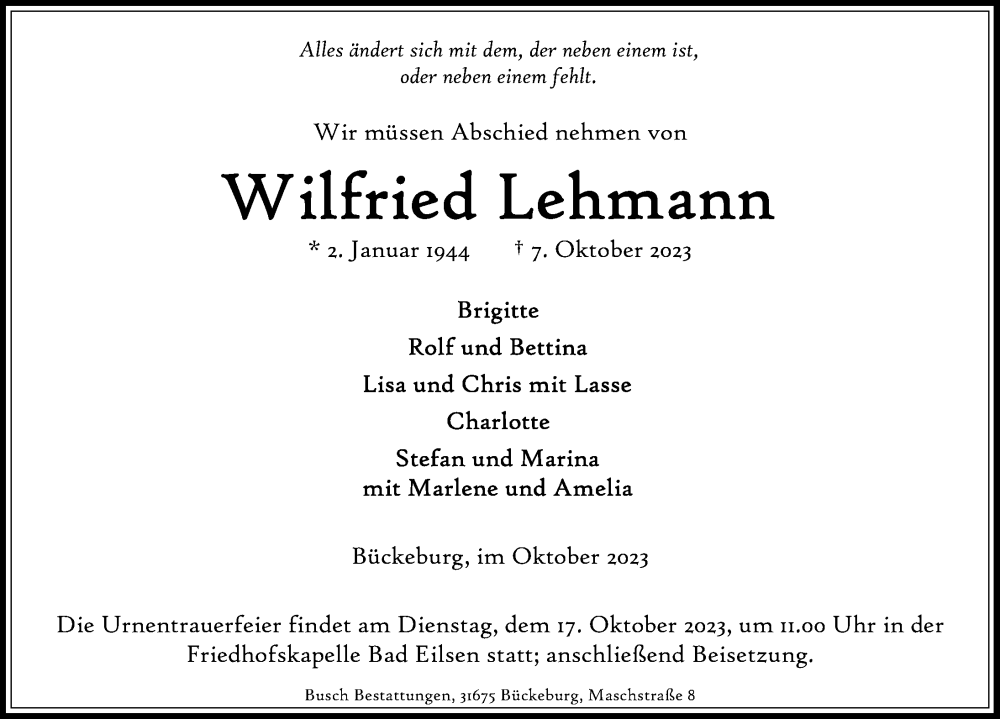  Traueranzeige für Wilfried Lehmann vom 14.10.2023 aus Schaumburger Nachrichten