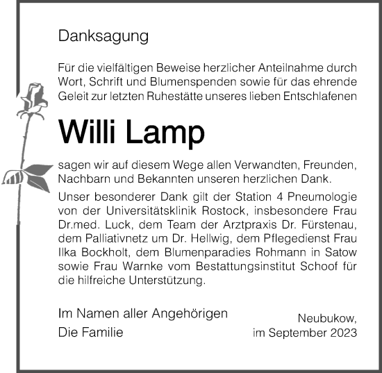 Traueranzeige von Willi Lamp von Ostsee-Zeitung GmbH