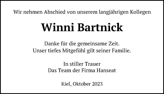 Traueranzeige von Winni Bartnick von Kieler Nachrichten