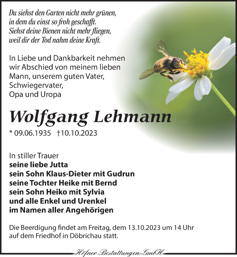  Traueranzeige für Wolfgang Lehmann vom 12.10.2023 aus Torgauer Zeitung