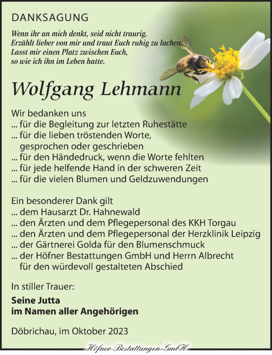 Traueranzeige von Wolfgang Lehmann von Torgauer Zeitung