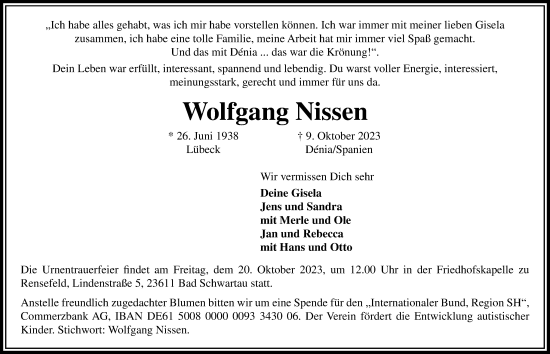Traueranzeige von Wolfgang Nissen von Lübecker Nachrichten