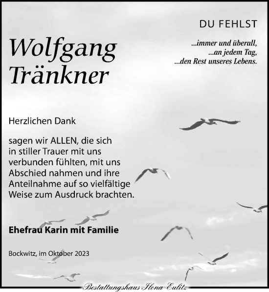 Traueranzeige von Wolfgang Tränkner von Torgauer Zeitung