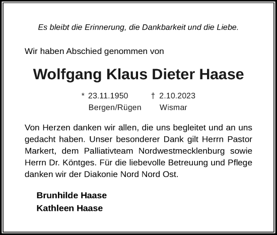 Traueranzeige von Wolfgang Klaus Dieter Haase von Ostsee-Zeitung GmbH