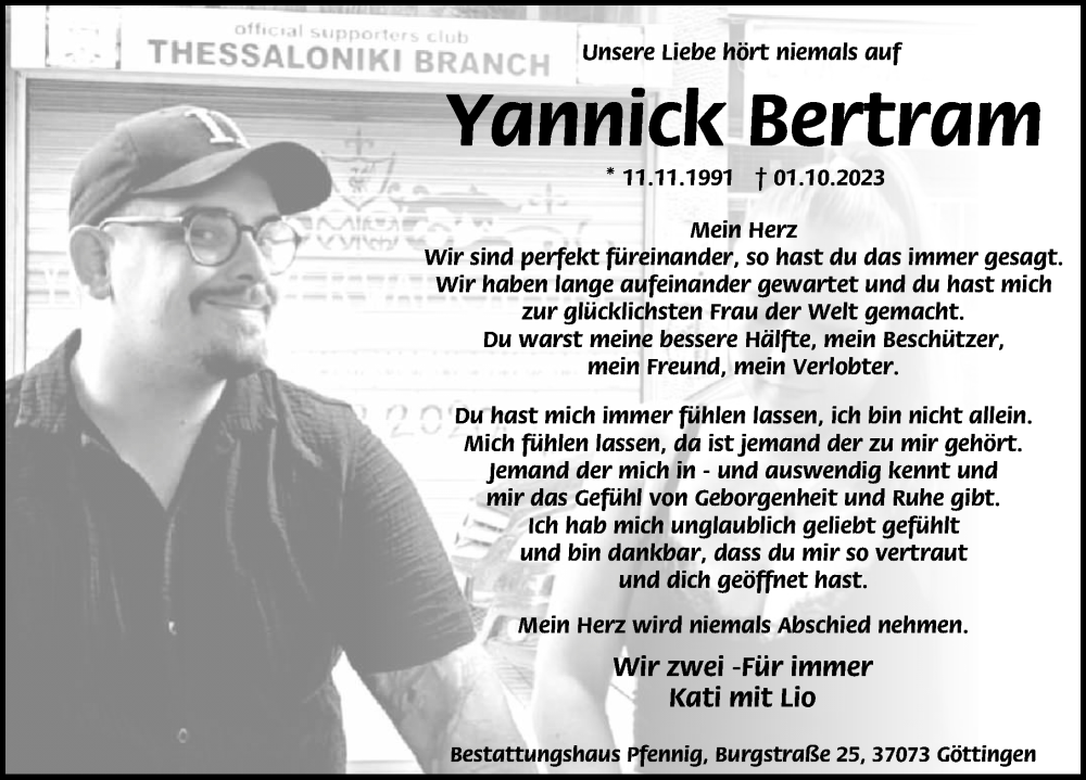  Traueranzeige für Yannick Bertram vom 14.10.2023 aus Göttinger Tageblatt