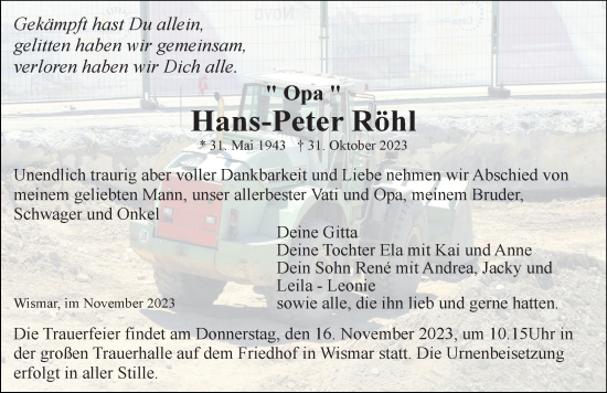 Traueranzeige von Hans-Peter Röhl von Ostsee-Zeitung GmbH