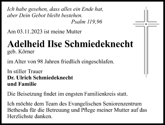 Traueranzeige von Adelheid Ilse Schmiedeknecht von Märkischen Allgemeine Zeitung