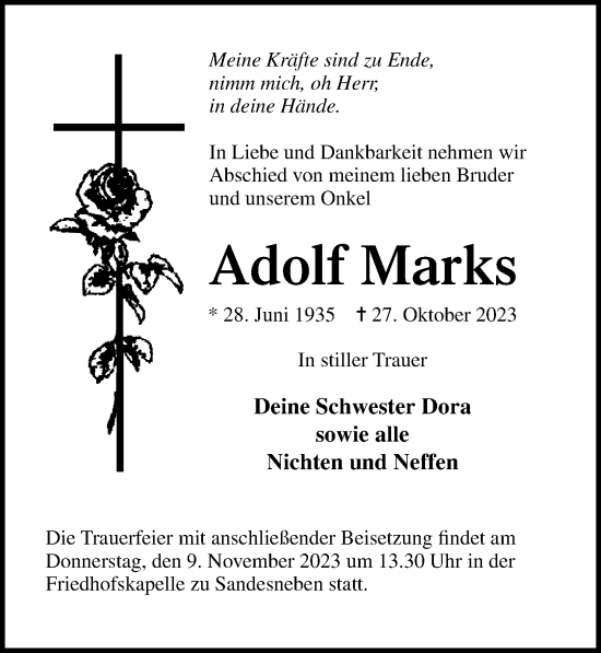Traueranzeige von Adolf Marks von Lübecker Nachrichten