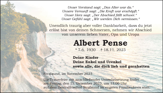 Traueranzeige von Albert Pense von Ostsee-Zeitung GmbH