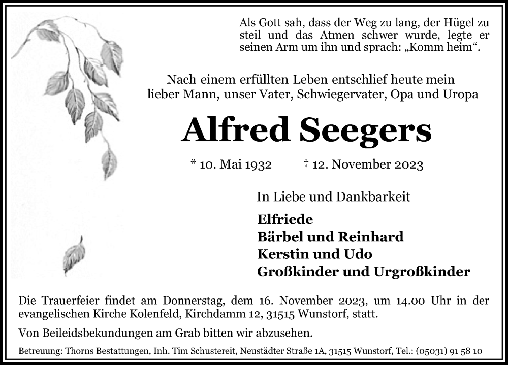  Traueranzeige für Alfred Seegers vom 16.11.2023 aus Hannoversche Allgemeine Zeitung/Neue Presse