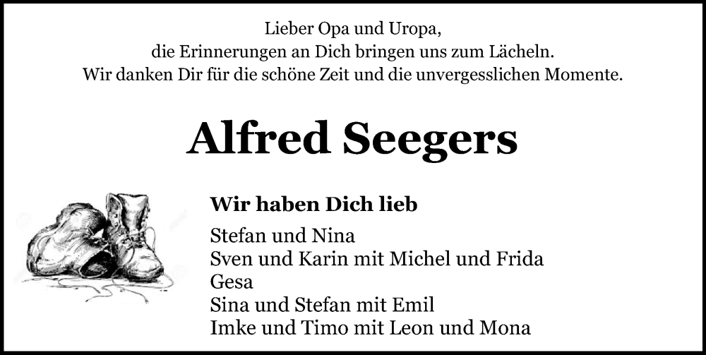  Traueranzeige für Alfred Seegers vom 16.11.2023 aus Hannoversche Allgemeine Zeitung/Neue Presse