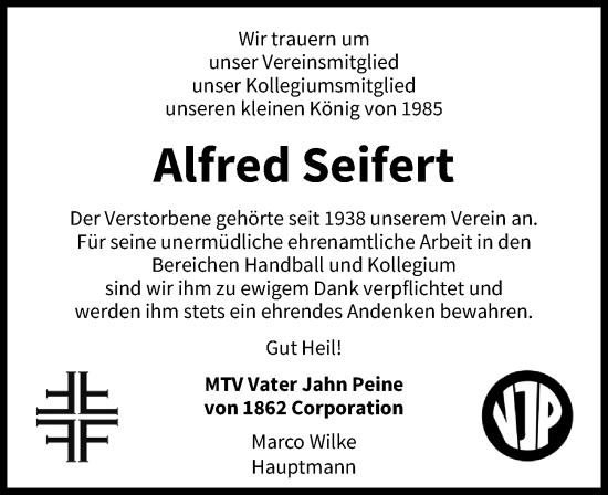 Traueranzeige von Alfred Seifert von Peiner Allgemeine Zeitung