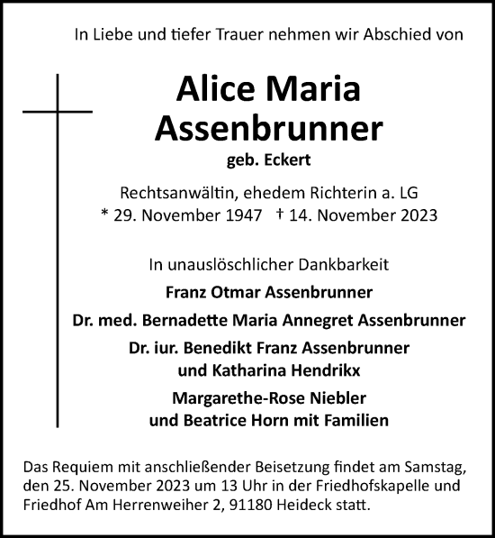 Traueranzeige von Alice Maria Assenbrunner von Leipziger Volkszeitung