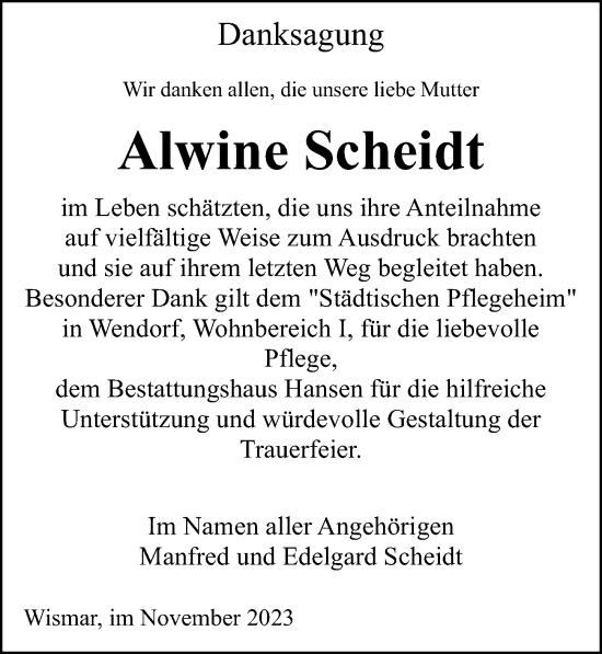 Traueranzeige von Alwine Scheidt von Ostsee-Zeitung GmbH