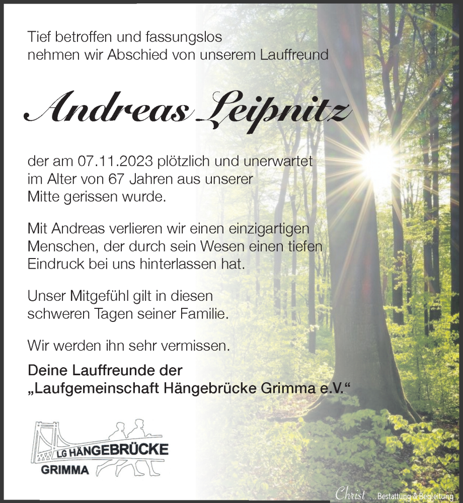  Traueranzeige für Andreas Leipnitz vom 18.11.2023 aus Leipziger Volkszeitung