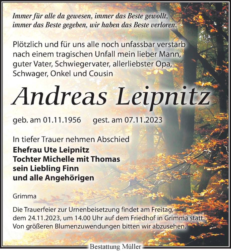  Traueranzeige für Andreas Leipnitz vom 11.11.2023 aus Leipziger Volkszeitung