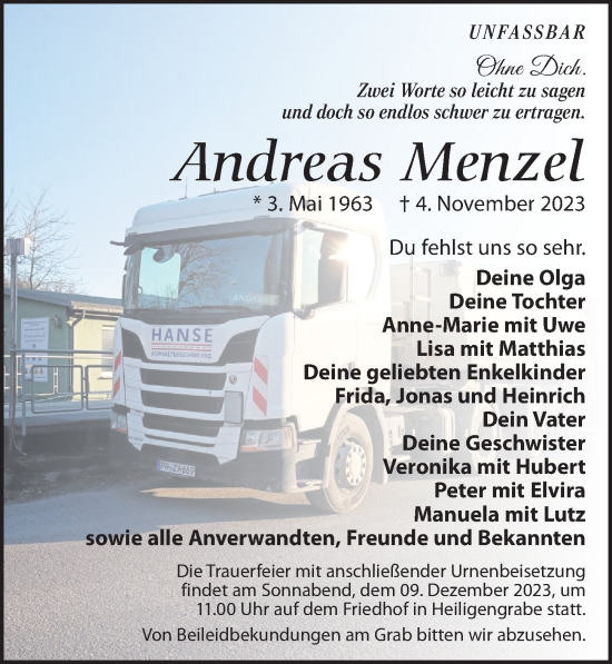 Traueranzeige von Andreas Menzel von Wochenspiegel
