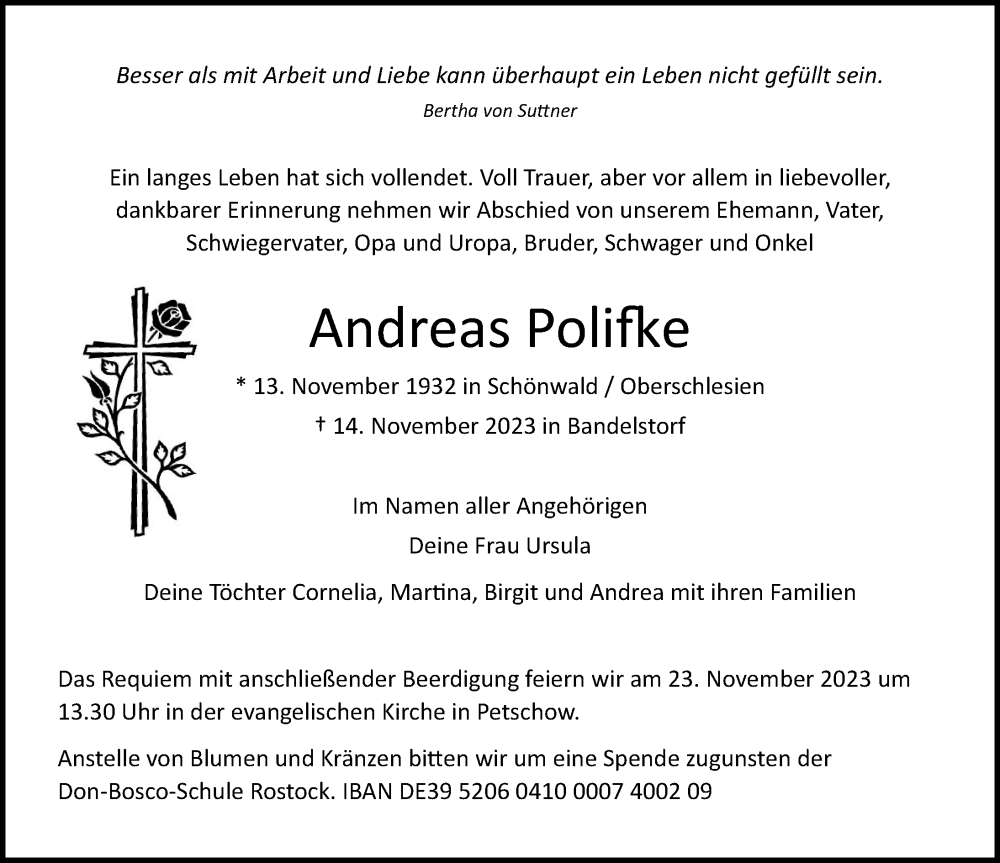  Traueranzeige für Andreas Polifke vom 18.11.2023 aus Ostsee-Zeitung GmbH