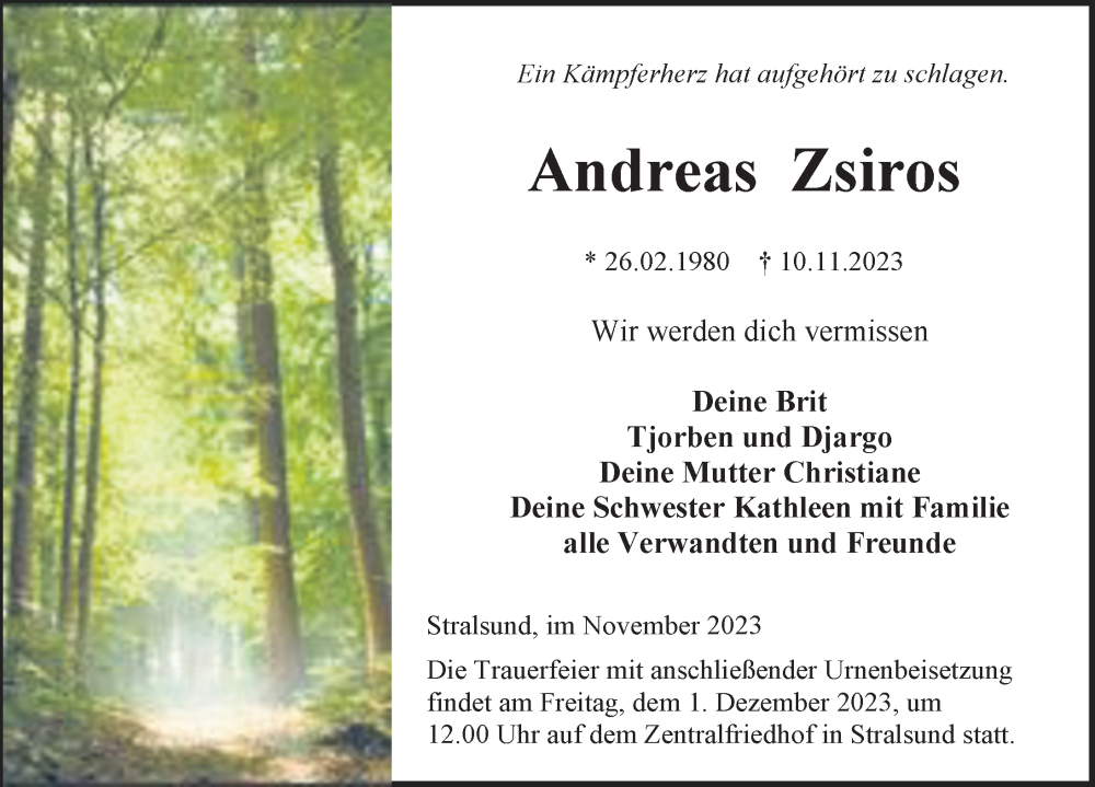  Traueranzeige für Andreas Zsiros vom 18.11.2023 aus Ostsee-Zeitung GmbH