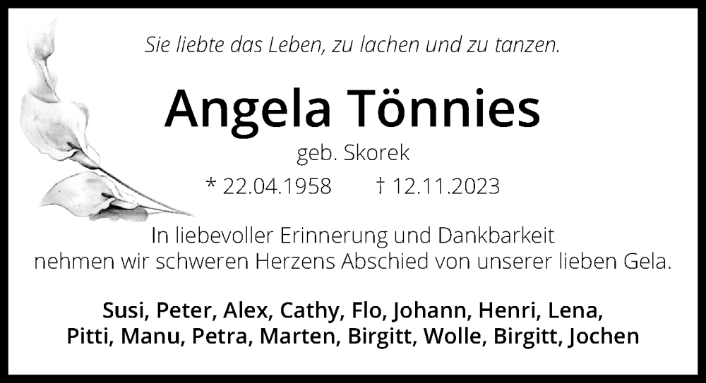  Traueranzeige für Angela Tönnies vom 18.11.2023 aus Hannoversche Allgemeine Zeitung/Neue Presse