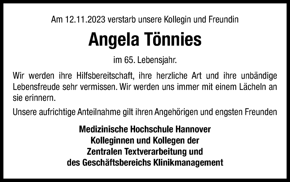  Traueranzeige für Angela Tönnies vom 18.11.2023 aus Hannoversche Allgemeine Zeitung/Neue Presse