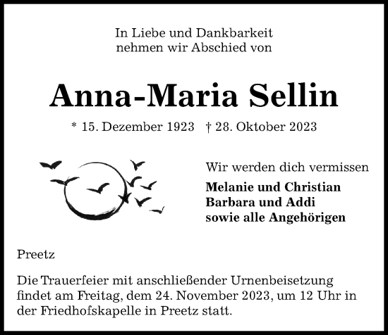 Traueranzeige von Anna-Maria Sellin von Kieler Nachrichten