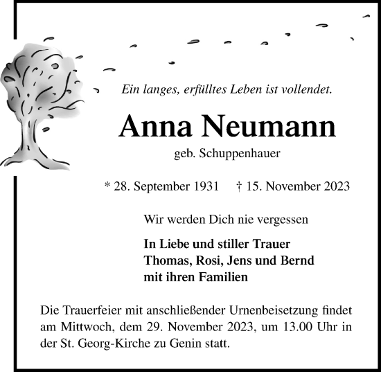 Traueranzeige von Anna Neumann von Lübecker Nachrichten