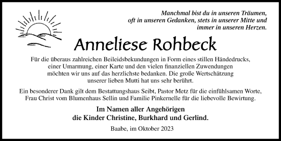 Traueranzeige von Anneliese Rohbeck von Ostsee-Zeitung GmbH