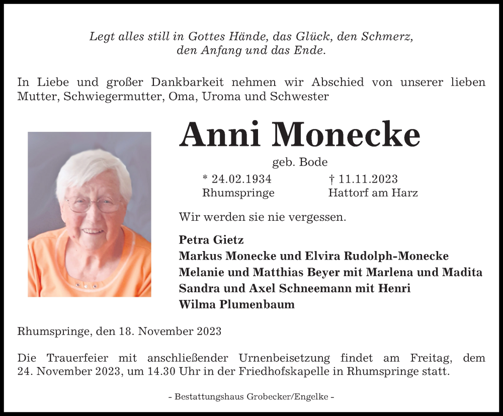  Traueranzeige für Anni Monecke vom 18.11.2023 aus Eichsfelder Tageblatt
