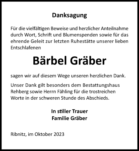 Traueranzeige von Bärbel Gräber von Ostsee-Zeitung GmbH